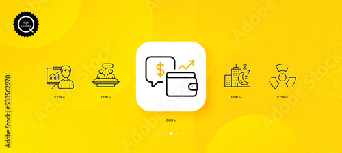 Employees talk, Wallet and Chemical hazard minimal line icons. Yellow abstract background. Night city, Presentation icons. For web, application, printing. Collaboration, Money savings, Toxic. Vector
