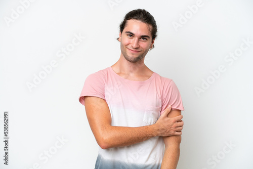 Caucasian handsome man isolated on white background laughing