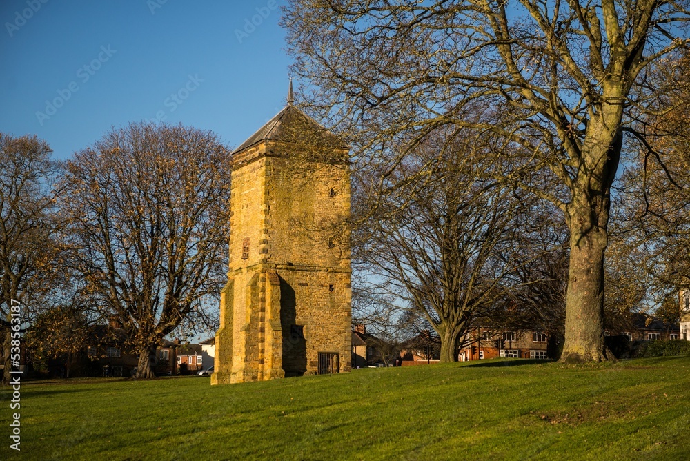 Fototapeta premium Historic stone fortress tower in Abington Park, Northampton