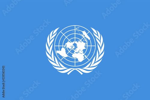 Flag of United Nations (UN), international territory, white UN emblem - polar azimuthal equidistant projection world map surrounded by two olive branches - on a blue background photo