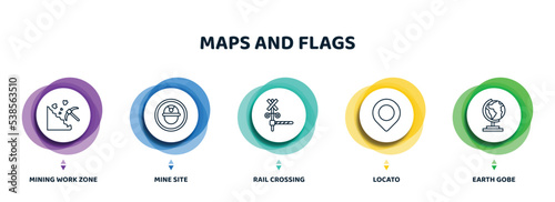 editable thin line icons with infographic template. infographic for maps and flags concept. included mining work zone, mine site, rail crossing, locato, earth gobe icons.
