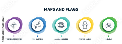 editable thin line icons with infographic template. infographic for maps and flags concept. included t road intersection, use dust bin, arrow on globe, flyover bridge, bicycle icons.
