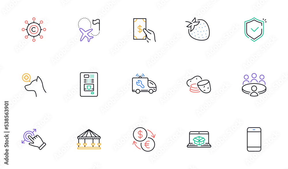 Carousels, Destination flag and Smartphone line icons for website, printing. Collection of Copywriting network, Online delivery, Touchscreen gesture icons. Shield, Receive money. Vector