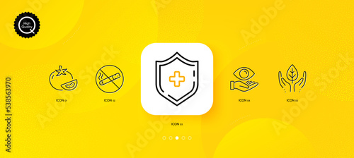Tomato, Fair trade and Medical shield minimal line icons. Yellow abstract background. No smoking, Health eye icons. For web, application, printing. Vector