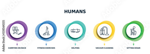 editable thin line icons with infographic template. infographic for humans concept. included carrying on back, fitness exercises, helping, vacuum cleaning, sitting down icons.