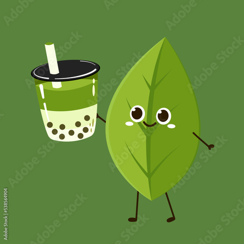 Tea leaves character. tea leaves on Green background. Matcha character design. Bubble green tea milk vector logo. Iced green tea latte takeaway cup vector illustration.