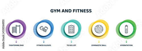 editable thin line icons with infographic template. infographic for gym and fitness concept. included tightening bar, fitness gloves, to do list, gymnastic ball, hydratation icons.