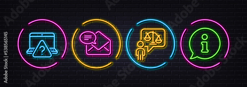 Lawyer, New mail and Online question minimal line icons. Neon laser 3d lights. Info icons. For web, application, printing. Court judge, Received e-mail, Internet faq. Information chat. Vector