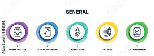 editable thin line icons with infographic template. infographic for general concept. included digital strategy, in-game advertising, impeachment, filament, ar presentation icons.