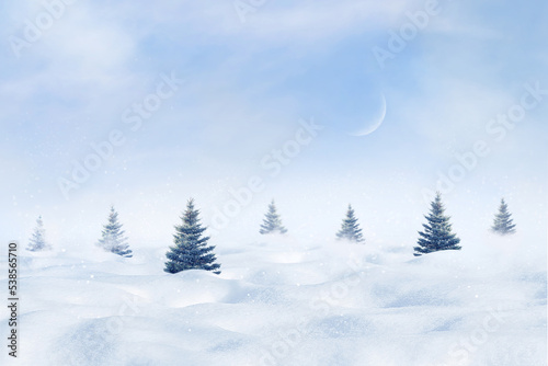 Small Christmas trees against the background of snowdrifts and a blue sky with a moon. Winter minimalist landscape.