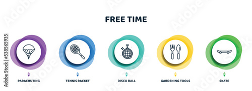editable thin line icons with infographic template. infographic for free time concept. included parachuting, tennis racket, disco ball, gardening tools, skate icons.