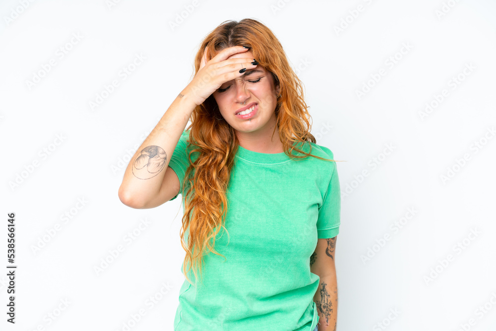 Young caucasian woman isolated on white background with headache Young caucasian woman isolated on white background with headache