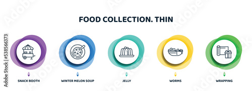 editable thin line icons with infographic template. infographic for food collection. thin concept. included snack booth, winter melon soup, jelly, worms, wrapping icons.
