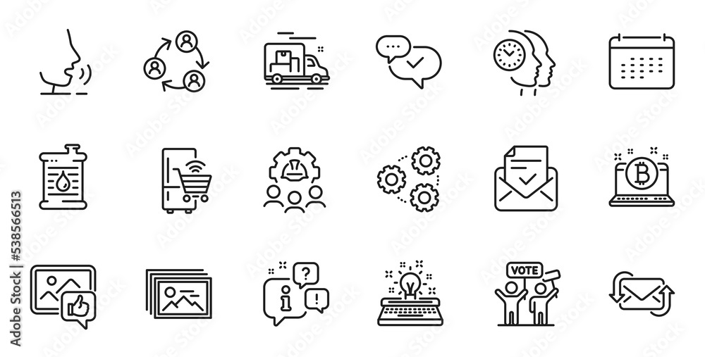 Outline set of Typewriter, Approved and Oil barrel line icons for web application. Talk, information, delivery truck outline icon. Include Calendar, Gears, Image gallery icons. Vector
