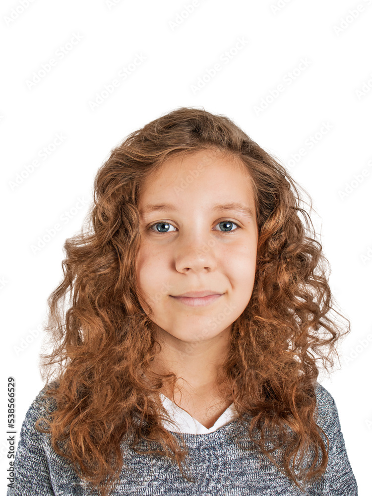 portrait of a cute girl teenage with blue eyes and curly hair , smiling, looking at the camera on a white background,diversal people portrait of a cute girl teenage with blue eyes and curly hair , smiling, looking at the camera on a white background,diversal people