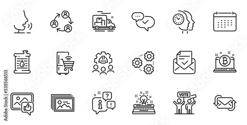 Outline set of Typewriter, Approved and Oil barrel line icons for web application. Talk, information, delivery truck outline icon. Include Calendar, Gears, Image gallery icons. Vector