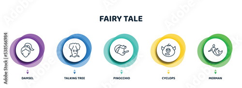editable thin line icons with infographic template. infographic for fairy tale concept. included damsel, talking tree, pinocchio, cyclops, merman icons.