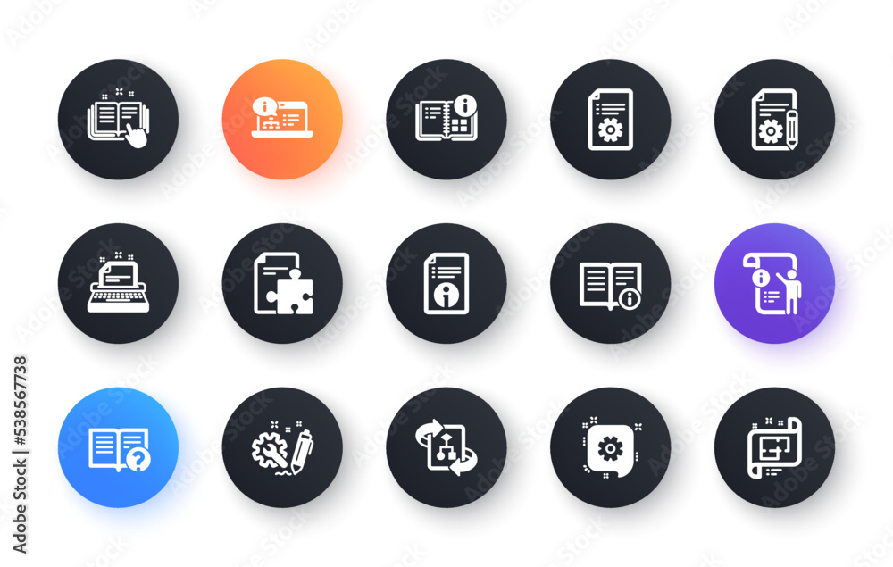 Technical documentation icons. Instruction, Plan and Manual. Algorithm classic icon set. Circle web buttons. Vector Technical documentation icons. Instruction, Plan and Manual. Algorithm classic icon set. Circle web buttons. Vector