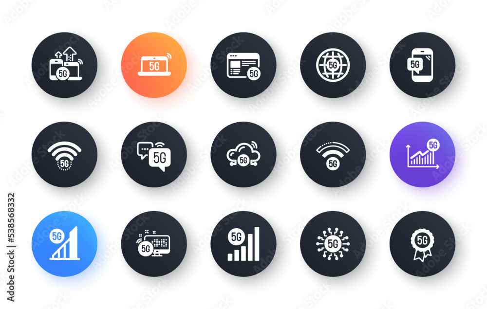5G technology icons set. Mobile network, phone connection, fast internet. Hotspot signal, mobile telecommunications, wifi internet icons. 5G cellular network technology. Circle web buttons. Vector