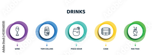 editable thin line icons with infographic template. infographic for drinks concept. included wine, tom collins, pisco sour, cask, mai thai icons.