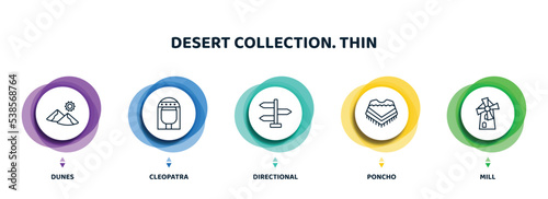 editable thin line icons with infographic template. infographic for desert collection. thin concept. included dunes, cleopatra, directional, poncho, mill icons.