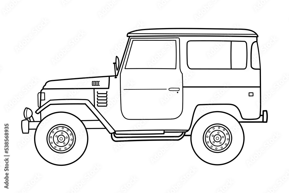 Off-road travel suv car side view. Vector outline doodle illustration Off-road travel suv car side view. Vector outline doodle illustration