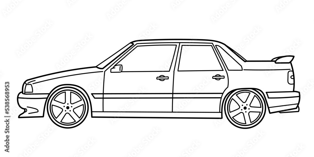 White classic sport tuning sedan car 90s style on white background. Vintage car in a  vector doodle style