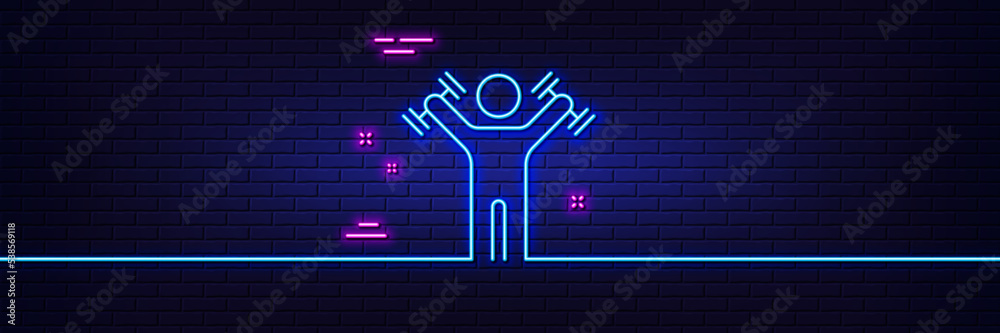 Neon light glow effect. Man with Dumbbells line icon. Workout equipment sign. Gym fit symbol. 3d line neon glow icon. Brick wall banner. Dumbbells workout outline. Vector Neon light glow effect. Man with Dumbbells line icon. Workout equipment sign. Gym fit symbol. 3d line neon glow icon. Brick wall banner. Dumbbells workout outline. Vector