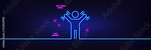 Neon light glow effect. Man with Dumbbells line icon. Workout equipment sign. Gym fit symbol. 3d line neon glow icon. Brick wall banner. Dumbbells workout outline. Vector