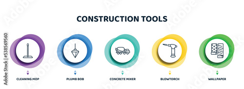 editable thin line icons with infographic template. infographic for construction tools concept. included cleaning mop, plumb bob, concrete mixer, blowtorch, wallpaper icons.