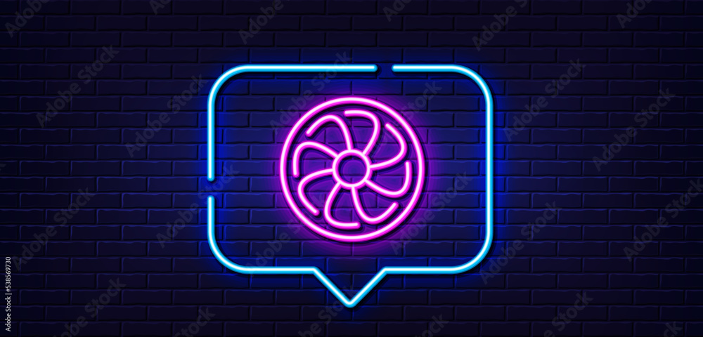 Neon light speech bubble. Fan engine line icon. Jet turbine sign. Ventilator symbol. Neon light background. Fan engine glow line. Brick wall banner. Vector Neon light speech bubble. Fan engine line icon. Jet turbine sign. Ventilator symbol. Neon light background. Fan engine glow line. Brick wall banner. Vector