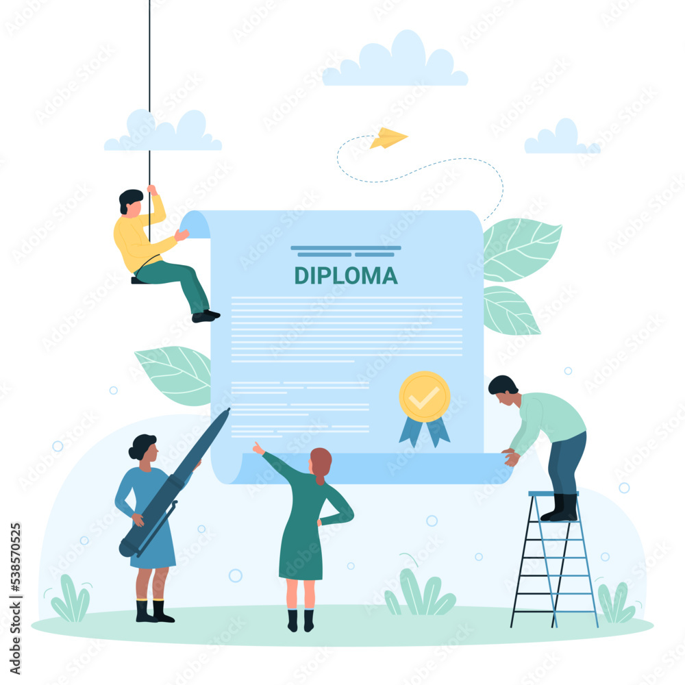 Success graduation of college, school or university diploma vector illustration. Cartoon tiny people holding pen and certificate of end of education with stamp, quality certification of professionals