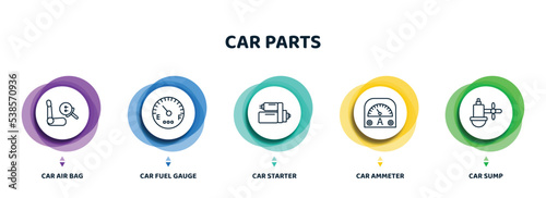 editable thin line icons with infographic template. infographic for car parts concept. included car air bag, car fuel gauge, starter, ammeter, sump icons.