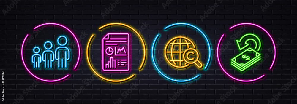 Report document, International Ð¡opyright and Business hierarchy minimal line icons. Neon laser 3d lights. Cashback icons. For web, application, printing. Vector