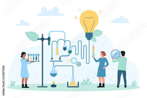 Success idea and invention, research vector illustration. Cartoon tiny people researchers engineering innovation with science technology and laboratory equipment connecting to bright light bulb