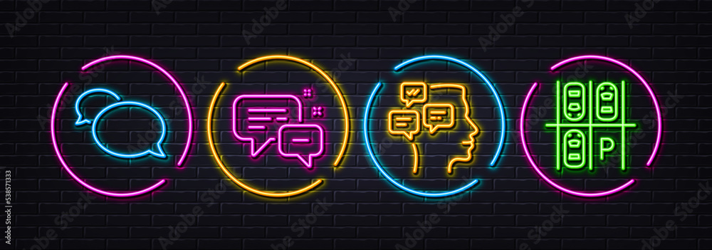 Messenger, Messages and Employees messenger minimal line icons. Neon laser 3d lights. Parking place icons. For web, application, printing. Speech bubble, Notifications, Transport. Vector