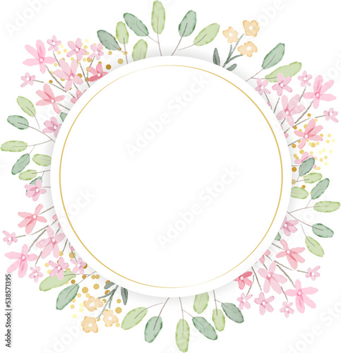 watercolor botanical hand drawing leafs wreath with tiny pink and yellow flowers golden
