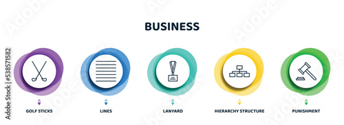 editable thin line icons with infographic template. infographic for business concept. included golf sticks, lines, lanyard, hierarchy structure, punishment icons.