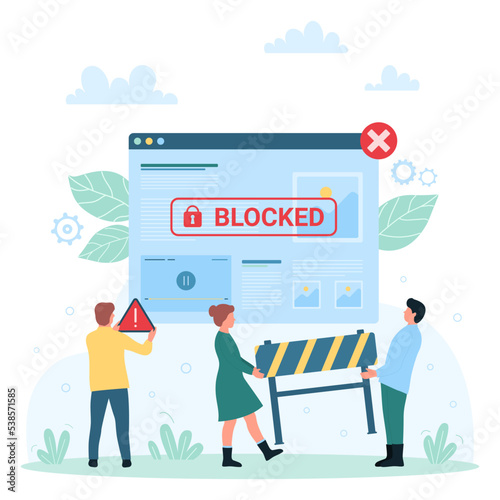 Content restriction, IP blocking vector illustration. Cartoon tiny people holding warning notification with exclamation mark and block of online traffic to restrict illegal websites, restricted photo