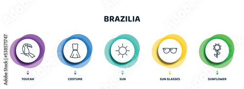 editable thin line icons with infographic template. infographic for brazilia concept. included toucan, costume, sun, sun glasses, sunflower icons.