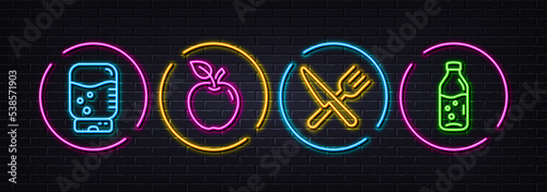 Food, Apple and Water cooler minimal line icons. Neon laser 3d lights. Water bottle icons. For web, application, printing. Cutlery, Fruit, Office drink. Soda drink. Neon lights buttons. Vector