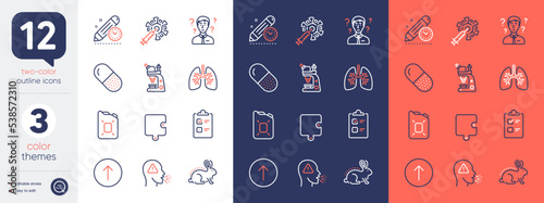 Set of Project deadline, Capsule pill and Support consultant line icons. Include Swipe up, Checklist, Cough icons. Canister oil, Puzzle, Microscope web elements. Lungs, Animal tested. Vector
