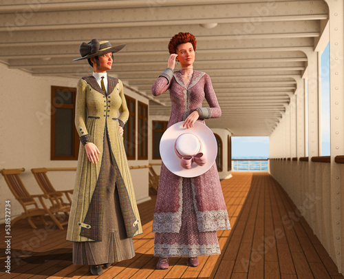 Bilde på lerret Two Women dressed in Edwardian travel suits on a promenade deck