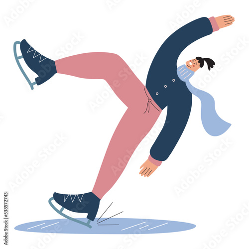 Young girl slips on ice skating rink.