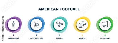 editable thin line icons with infographic template. infographic for american football concept. included yard marking, back protection, barbell, whistle, megaphone icons.