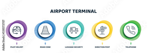editable thin line icons with infographic template. infographic for airport terminal concept. included pilot helmet, road cone, luggage security, direction post, telephone icons.