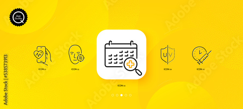 Cardio training, Problem skin and Uv protection minimal line icons. Yellow abstract background. Medical calendar, Vaccination schedule icons. For web, application, printing. Vector
