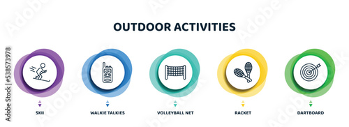 editable thin line icons with infographic template. infographic for outdoor activities concept. included skii, walkie talkies, volleyball net, racket, dartboard icons.