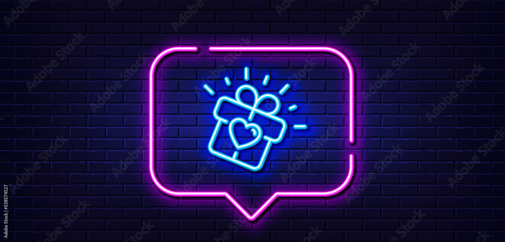 Neon light speech bubble. Love gift line icon. Heart present box sign. Dating profile symbol. Neon light background. Love gift glow line. Brick wall banner. Vector Neon light speech bubble. Love gift line icon. Heart present box sign. Dating profile symbol. Neon light background. Love gift glow line. Brick wall banner. Vector