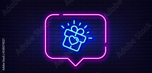 Neon light speech bubble. Love gift line icon. Heart present box sign. Dating profile symbol. Neon light background. Love gift glow line. Brick wall banner. Vector